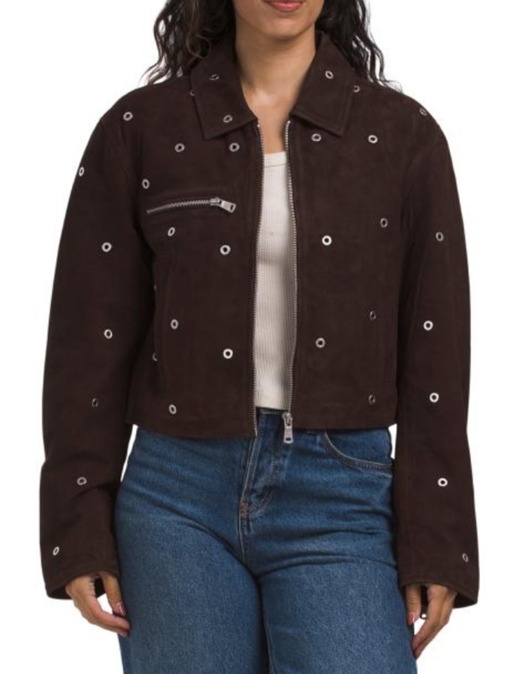 Avec Les Filles Women's Brown Suede Grommet Zip Jacket